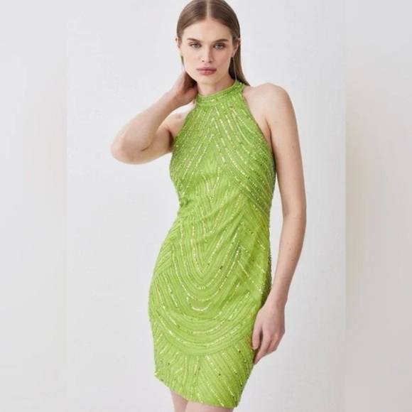 Karen Millen Lime Green Beaded Mini Dress - Picture 1 of 4